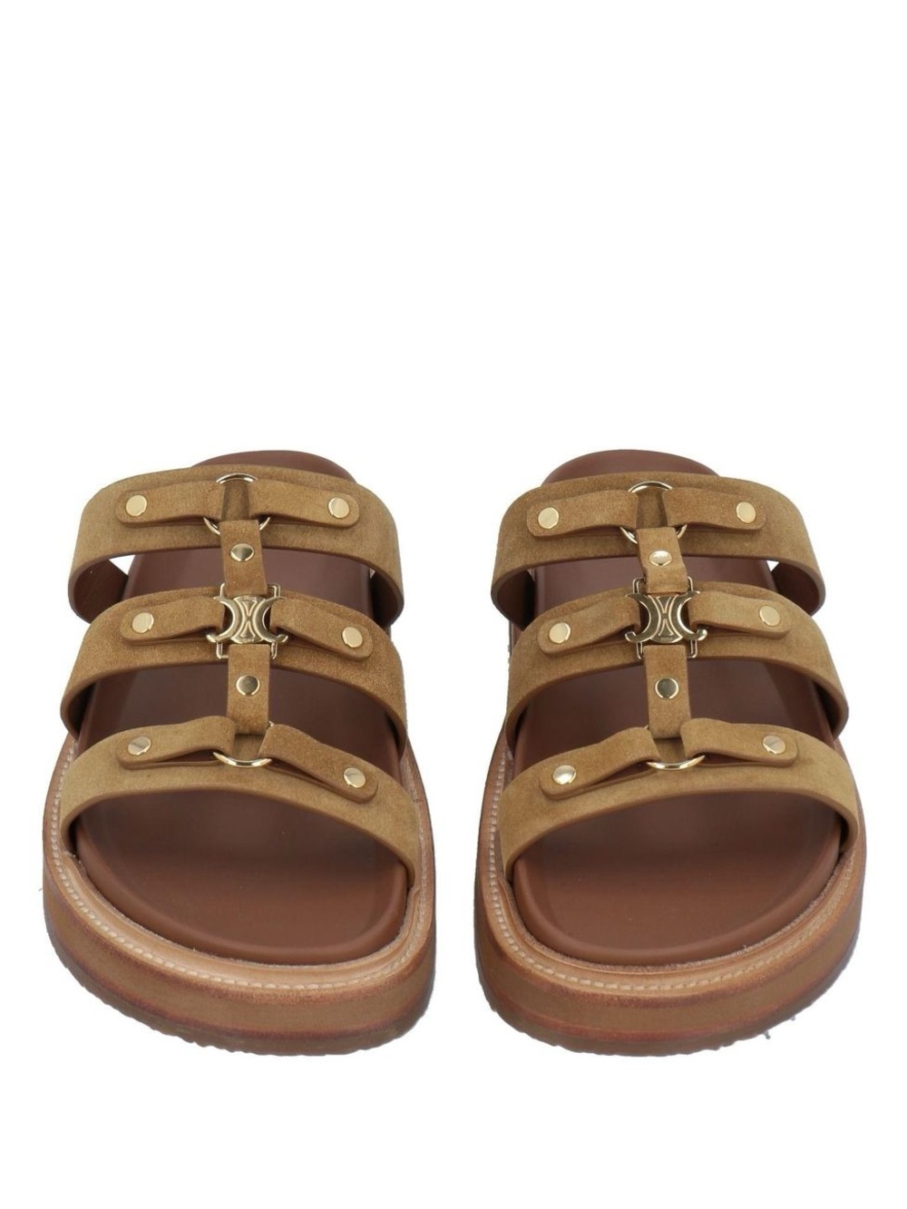 Celine Triple-Strap Suede Sandals in Tan and Brown with Gold Hardware Size 41